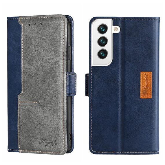 Per Samsung Galaxy S23 5G Custodia per telefono in pelle con fibbia laterale a contrasto di colore (blu + grigio)