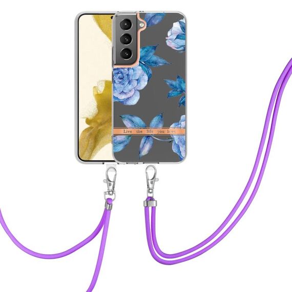 Per Samsung Galaxy S23 5G Custodia per telefono in TPU con fiori e piante serie IMD con cordino (rosa blu)