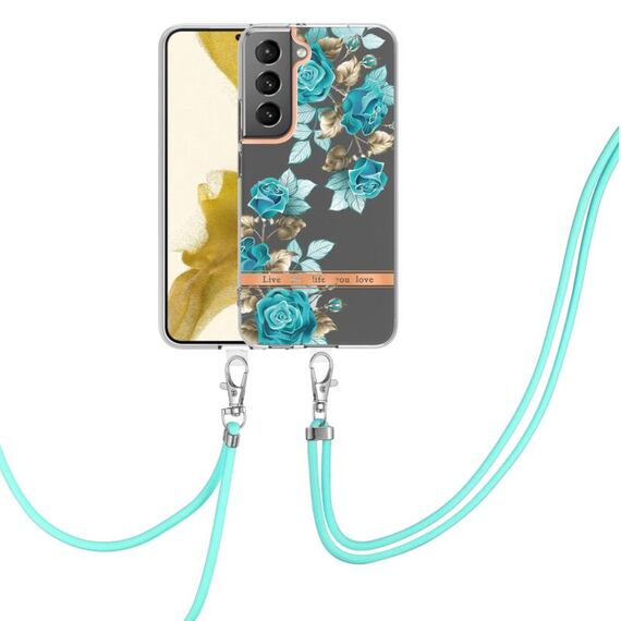 Per Samsung Galaxy S23 + 5G Custodia per telefono in TPU con fiori e piante serie IMD con cordino (rosa blu)