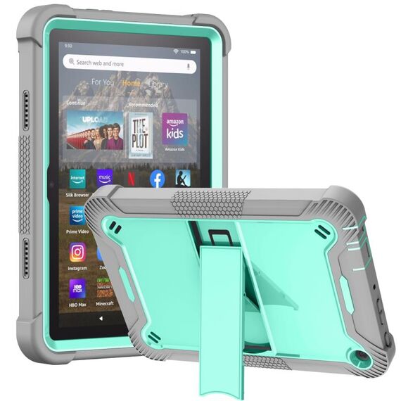 Custodia per tablet antiurto in silicone + supporto per PC per Amazon Kindle Fire HD 8 2022/2020 / HD 8 Plus 2020 (verde menta + grigio)