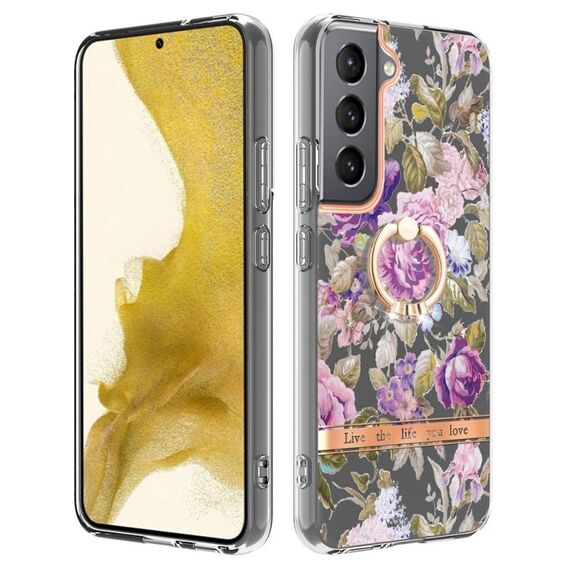 Per Samsung Galaxy S23 5G Custodia per telefono in TPU con fiori e piante serie IMD con supporto ad anello (peonia viola)