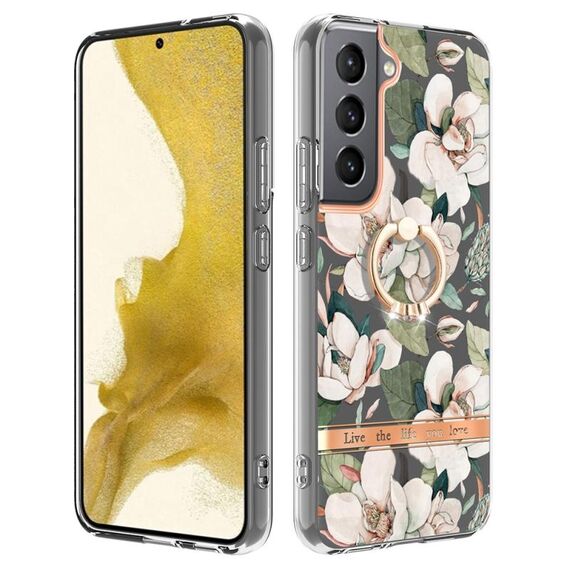 Per Samsung Galaxy S23+ 5G Custodia per telefono in TPU con fiori e piante serie IMD con supporto ad anello (verde Gardenia)