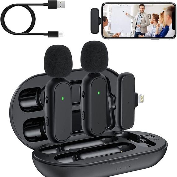 Microfono lavalier wireless One by Two Microfono wireless con riduzione del rumore con custodia di ricarica, porta: 8 pin