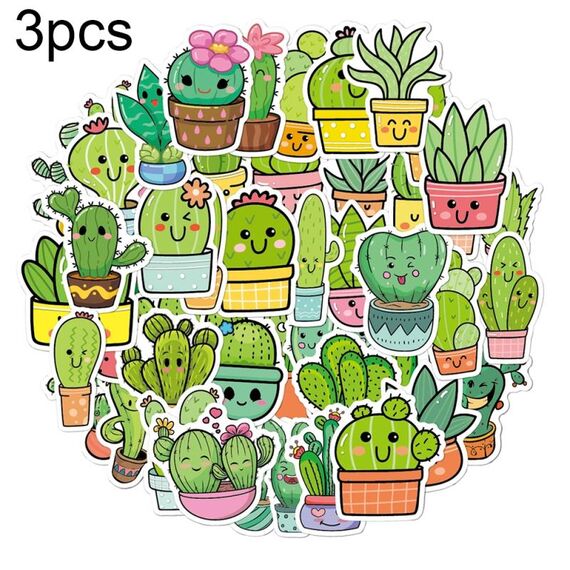 3sets 50pcs / set Cartoon Cactus Manuale fai da te Adesivi decorativi Adesivo impermeabile per laptop floreale (TT173)
