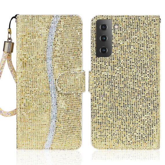 Per Samsung Galaxy S23 5G Custodia per telefono in pelle con polvere glitterata (oro)