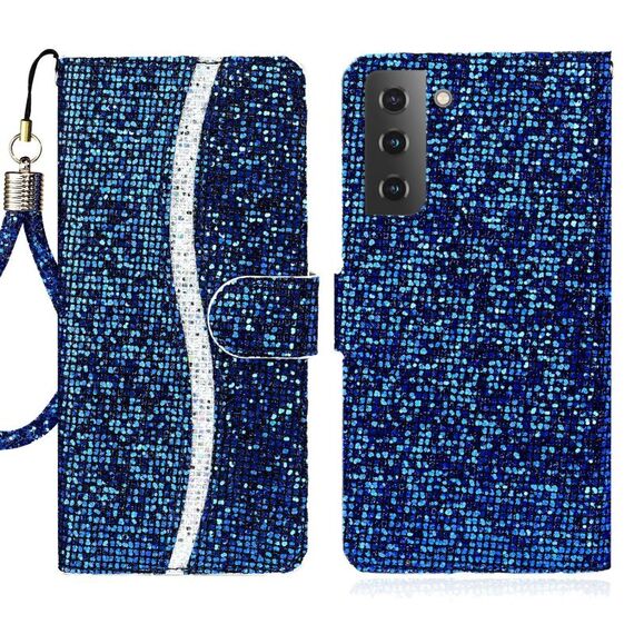 Per Samsung Galaxy S23 + 5G Custodia per telefono in pelle con polvere glitterata (blu)