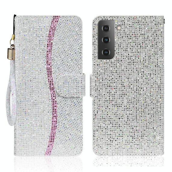 Per Samsung Galaxy S23 + 5G Custodia per telefono in pelle con polvere glitterata (argento)