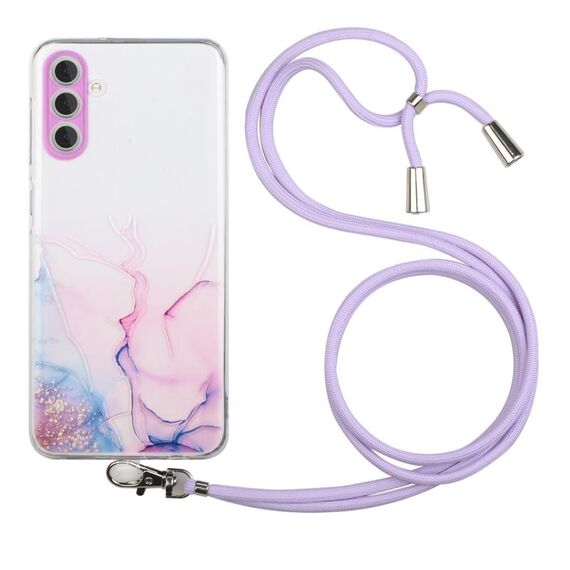 Custodia per telefono antiurto in TPU con motivo marmo cavo per Samsung Galaxy S23 5G con cordino per tracolla (rosa)