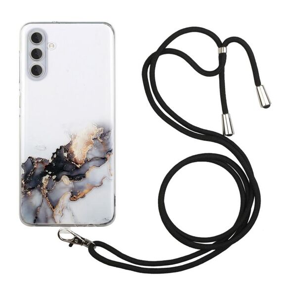 Per Samsung Galaxy S23 + 5G Custodia per telefono antiurto in TPU con motivo marmo cavo con cordino per tracolla (nero)