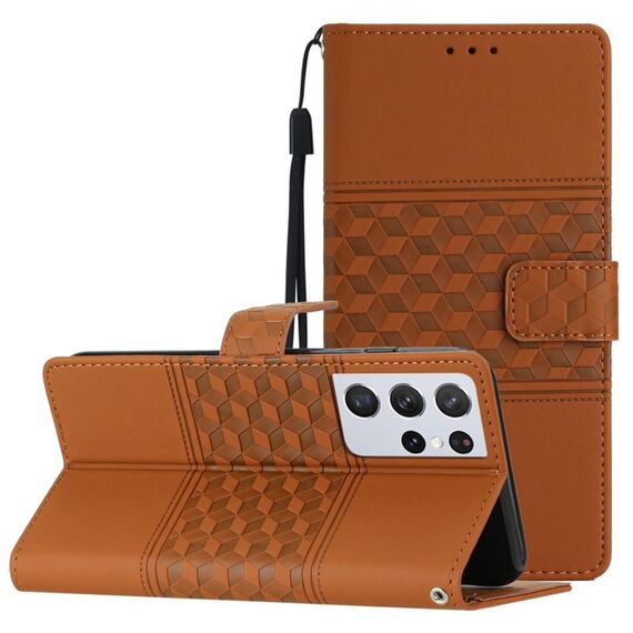Per Samsung Galaxy S21 Ultra 5G Custodia per telefono in pelle con effetto pelle goffrata a diamante con cordino (marrone)