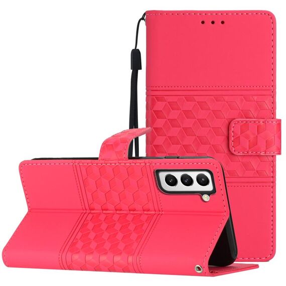 Per Samsung Galaxy S22 5G Custodia per telefono in pelle con effetto pelle goffrata a diamante con cordino (rosso)