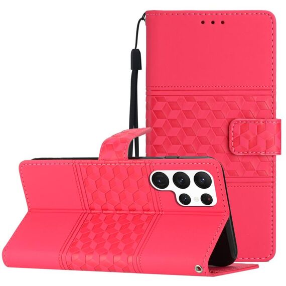 Per Samsung Galaxy S22 Ultra 5G Custodia per telefono in pelle con effetto pelle goffrata diamantata con cordino (rosso)