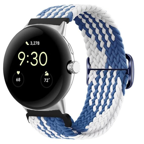Per cinturino per orologio intrecciato in nylon con fibbia per orologio Google Pixel (bianco blu)