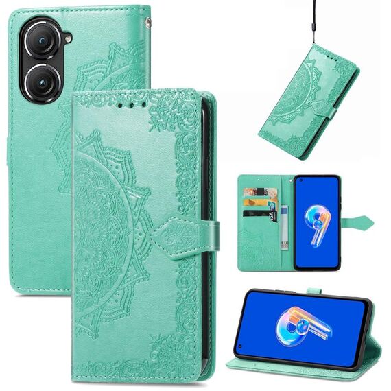 Per Asus Zenfone 9 Custodia in pelle goffrata fiore mandala (verde)