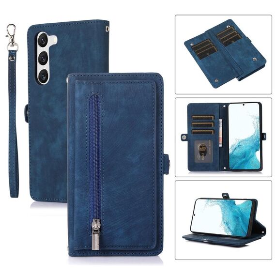 Per Samsung Galaxy S23+ 5G Custodia per cellulare in pelle con cerniera per slot per carte di credito (blu)