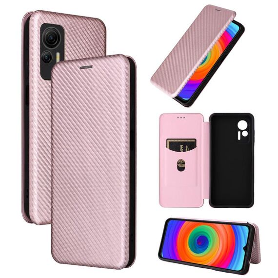 Per Ulefone Note 14 Custodia per cellulare in pelle con struttura in fibra di carbonio (rosa)