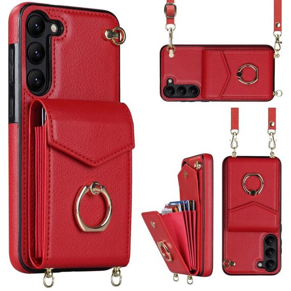 Per Samsung Galaxy S22 5G Custodia per telefono con slot per schede RFID con anello e cordino lungo (rosso)