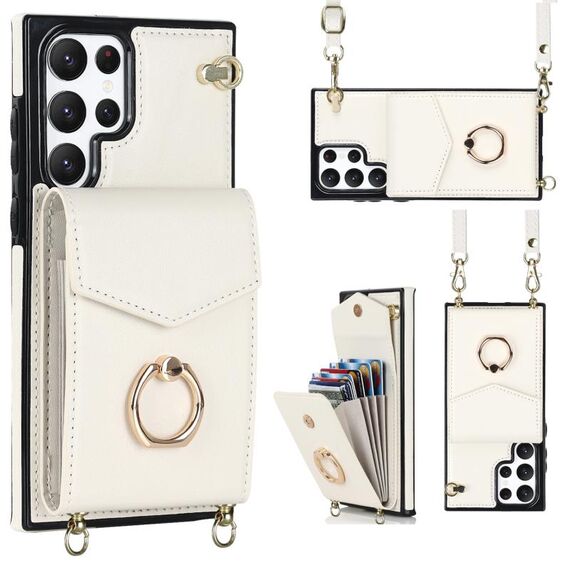 Per Samsung Galaxy S22 Ultra 5G Ring Holder Custodia per telefono con slot per schede RFID con cordino lungo (beige)