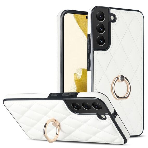 Per Samsung Galaxy S22 5G custodia in pelle PU rombica con supporto ad anello (bianco)