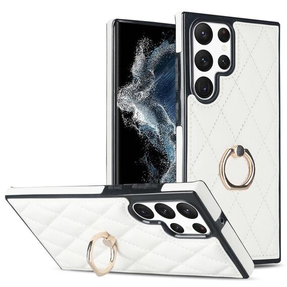 Per Samsung Galaxy S22 Ultra 5G custodia in pelle PU romboidale con supporto ad anello (bianco)