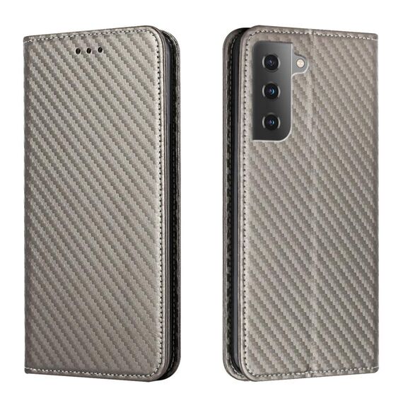 Per Samsung Galaxy S23 5G Custodia in pelle magnetica con struttura in fibra di carbonio (grigio)