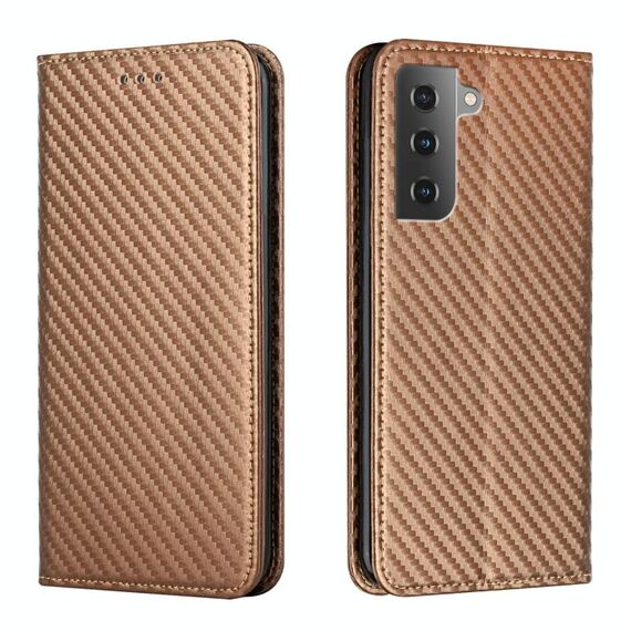 Per Samsung Galaxy S23 + 5G Custodia per cellulare in pelle magnetica con struttura in fibra di carbonio (marrone)