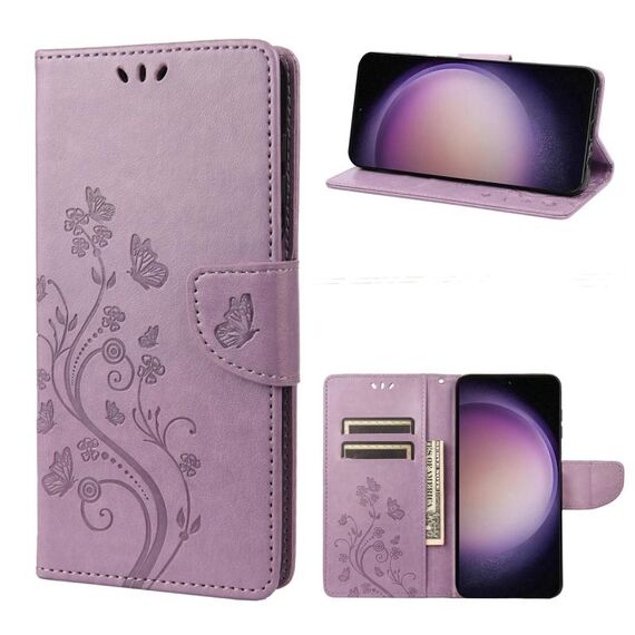 Per Samsung Galaxy S23 5G Custodia per cellulare in pelle con motivo floreale a farfalla (viola chiaro)