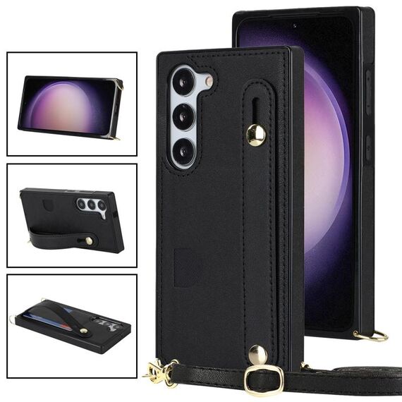 Per Samsung Galaxy S23 5G Custodia per telefono quadrata con supporto per cinturino a tracolla (nero)