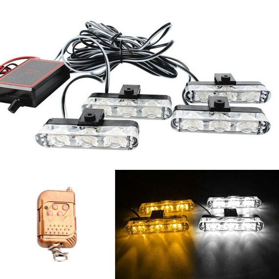 4 in 1 Car 12LEDs Grille Flash Lights Spie luminose con telecomando wireless, colore: giallo bianco