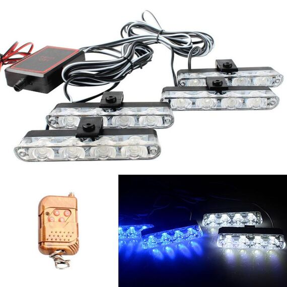 4 in 1 Car 16LEDs Grille Flash Lights Spie luminose con telecomando wireless (bianco blu)