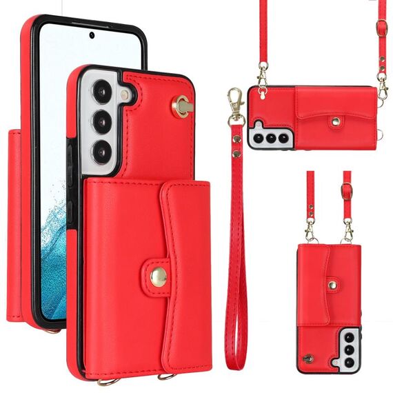 Per Samsung Galaxy S22 5G Custodia per telefono in pelle con slot per schede RFID con cordino lungo (rosso)