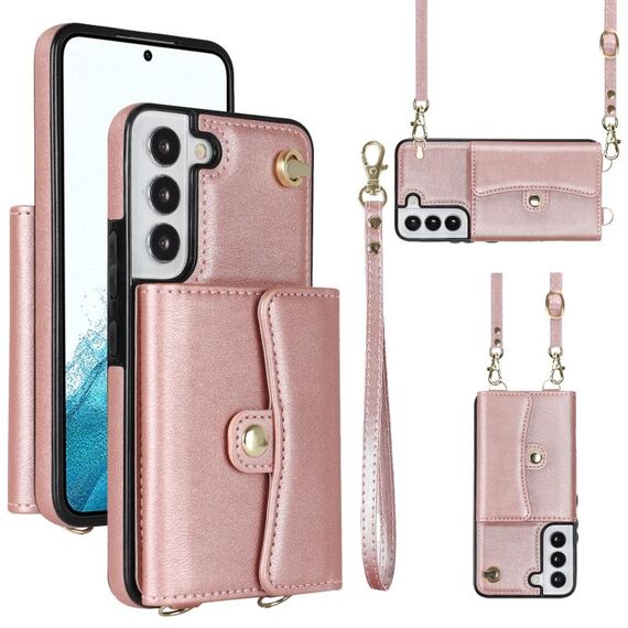 Per Samsung Galaxy S22 5G Custodia per telefono in pelle con slot per schede RFID con cordino lungo (oro rosa)