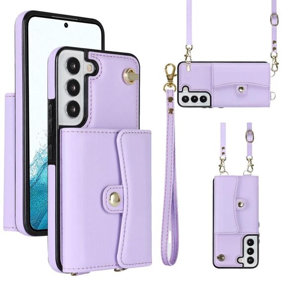 Per Samsung Galaxy S22 5G Custodia per telefono in pelle con slot per schede RFID con cordino lungo (viola)