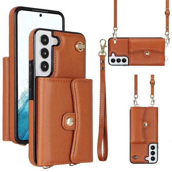 Per Samsung Galaxy S22+ 5G Custodia per telefono in pelle con slot per schede RFID con cordino lungo (marrone)
