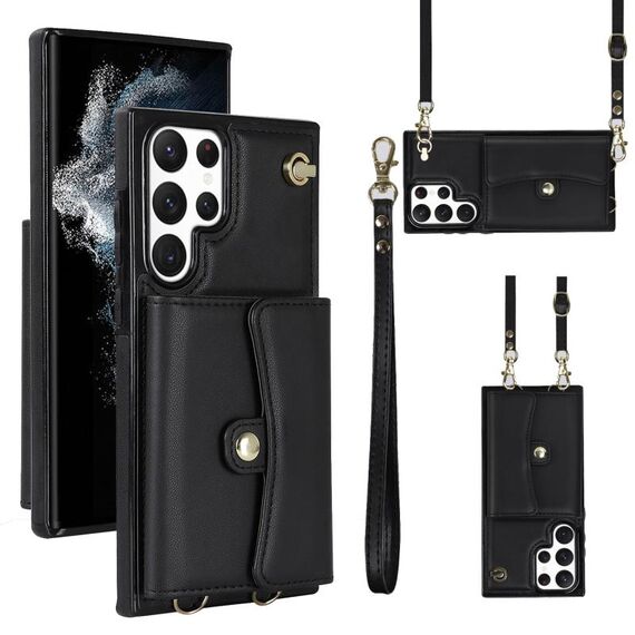 Per Samsung Galaxy S22 Ultra 5G Custodia per telefono in pelle con slot per schede RFID con cordino lungo (nero)