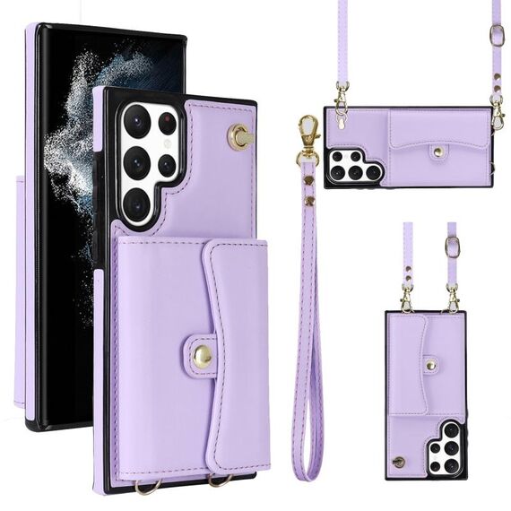 Per Samsung Galaxy S22 Ultra 5G Custodia per telefono in pelle con slot per schede RFID con cordino lungo (viola)
