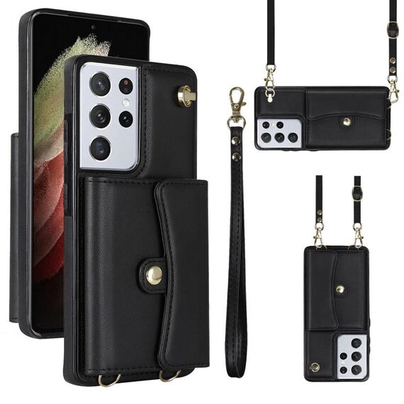 Per Samsung Galaxy S21 Ultra 5G Custodia per telefono in pelle con slot per schede RFID con cordino lungo (nero)