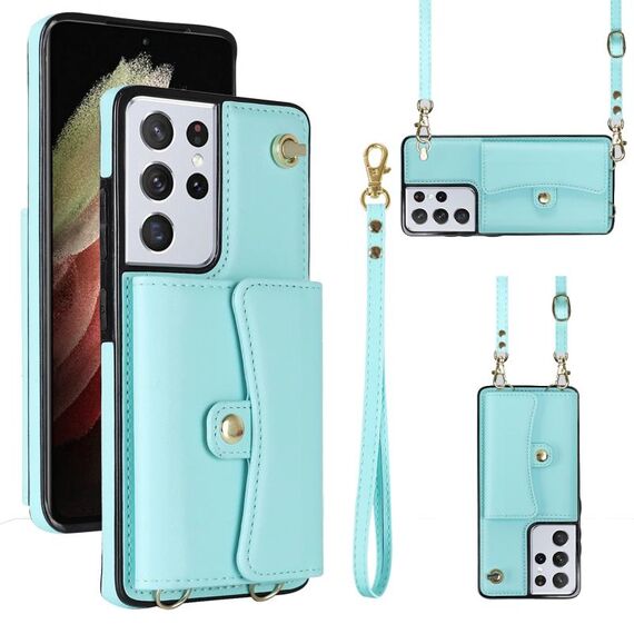 Per Samsung Galaxy S21 Ultra 5G Custodia per telefono in pelle con slot per schede RFID con cordino lungo (verde menta)