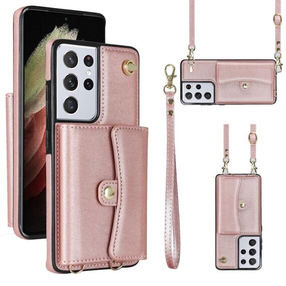 Per Samsung Galaxy S21 Ultra 5G Custodia per telefono in pelle con slot per schede RFID con cordino lungo (oro rosa)