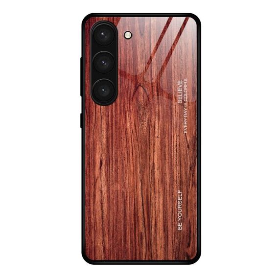 Per Samsung Galaxy S23 + 5G Custodia per telefono in vetro con venature del legno (caffè)