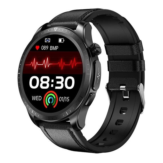 E420 Smart Watch con schermo a colori da 1,39 pollici, cinturino in pelle, supporto monitoraggio della frequenza cardiaca / monitoraggio della pressione sanguigna (nero)