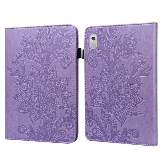 Per Lenovo Tab M8 4a generazione Custodia per tablet in pelle con motivo floreale goffrato in pizzo (viola)