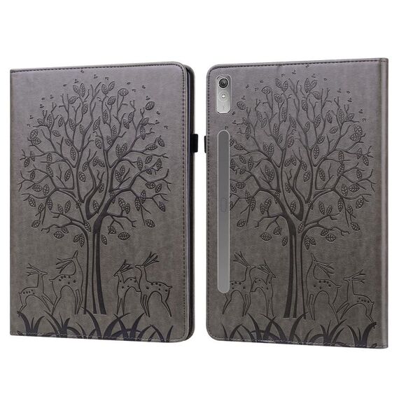 Per Lenovo Tab P11 Pro Gen 2 Custodia per tablet in pelle goffrata con motivo ad albero e cervo (grigio)