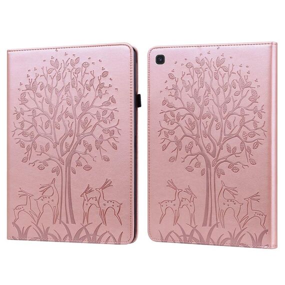 Custodia per tablet in pelle goffrata con motivo ad albero e cervo per Samsung Galaxy Tab S5e (rosa)