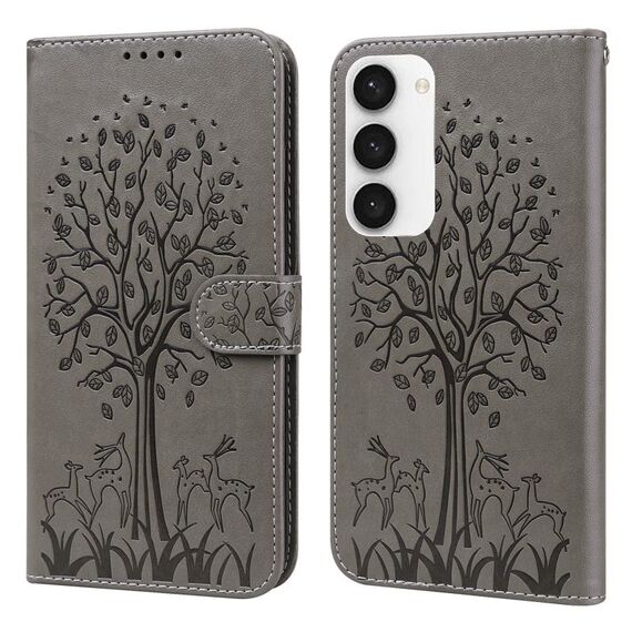 Per Samsung Galaxy S23 5G Tree & Deer Pattern Custodia per cellulare in pelle a conchiglia orizzontale con stampa pressata (grigio)
