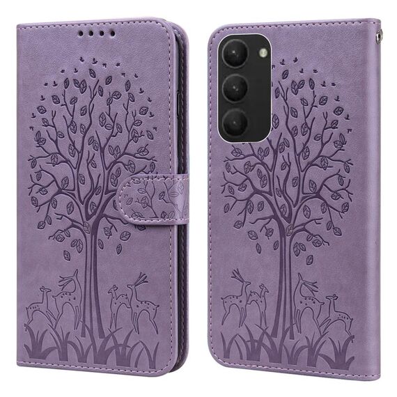 Per Samsung Galaxy S23 + 5G Tree & Deer Pattern Custodia per telefono in pelle a conchiglia orizzontale con stampa pressata (viola)