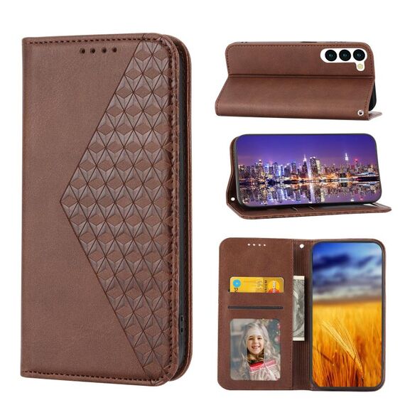 Per Samsung Galaxy S23 5G Cubic Grid Calf Texture Custodia magnetica in pelle per telefono (marrone)