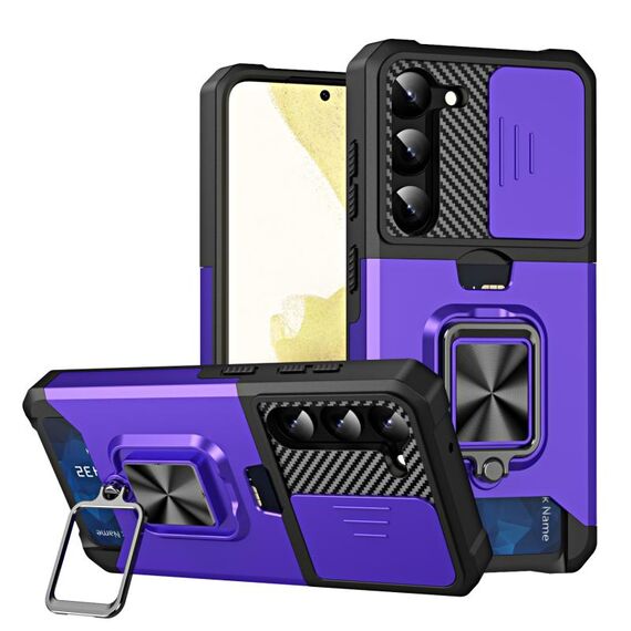 Per Samsung Galaxy S23 5G Custodia scorrevole per telefono camshield con supporto ad anello e slot per schede (viola)