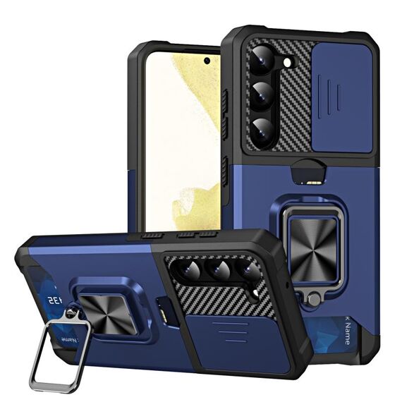 Per Samsung Galaxy S23+ 5G Custodia scorrevole per telefono camshield con supporto ad anello e slot per schede (blu)