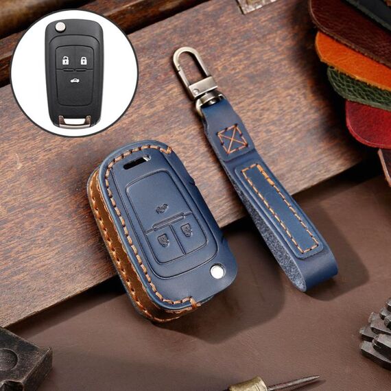 Custodia protettiva per chiave in pelle di vacchetta pieghevole per auto Chevrolet Hallmo (blu)